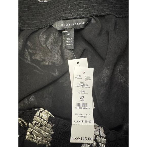 White House Black Market Silk Floral Blouse NWT XL Black Silver Off Shoulder Top - Picture 3 of 3